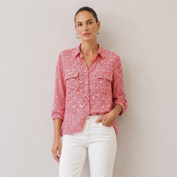 Ann Taylor Tops - Ann Taylor Polka Dot 100% Silk Button Down Blouse Roll Tab Sleeves | Size 16